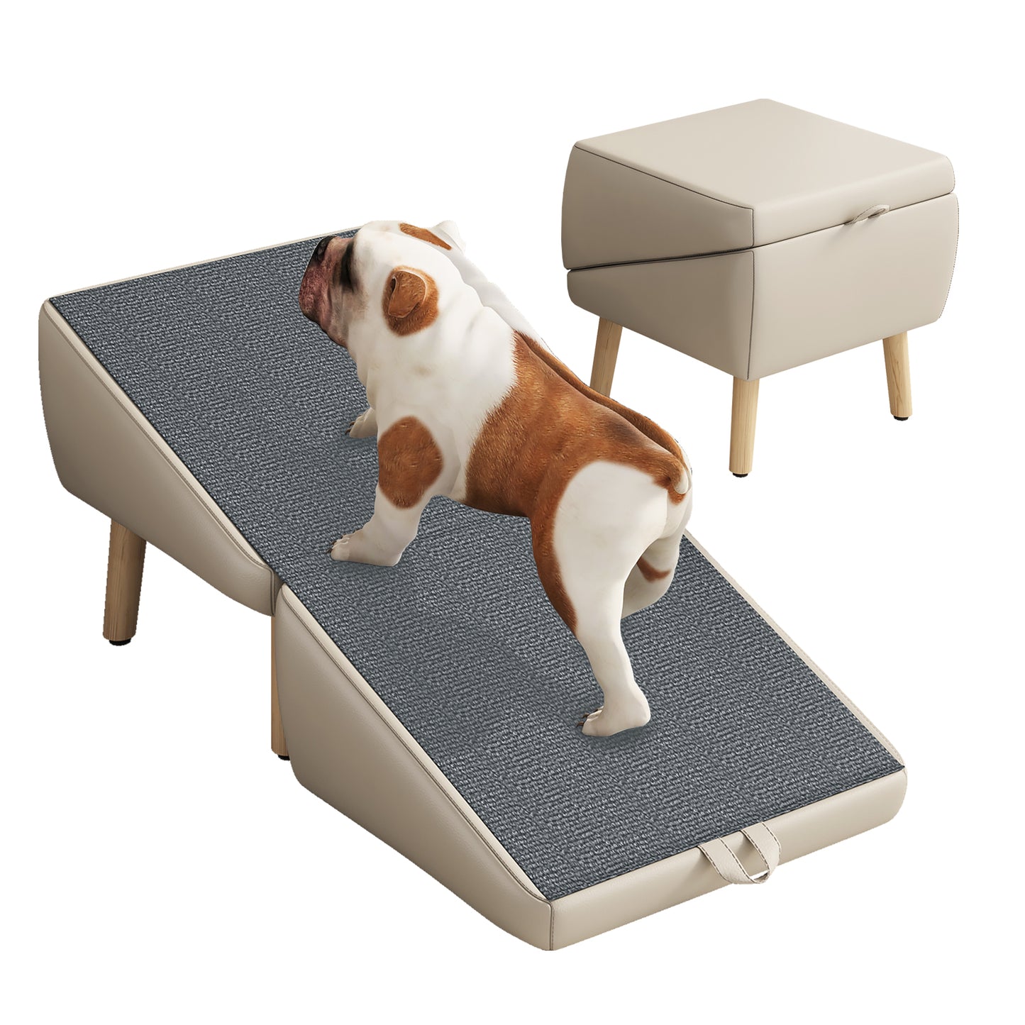 2-in-1 Foldable Wooden Pet Stairs – Multi-Functional Convertible Split Ottoman Dog Ramp for Bed & Couch