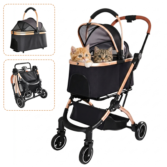 Black and rose gold 2-in-1 detachable cat stroller with two kittens inside, featuring inset images of the portable carrier basket and folded frame.
