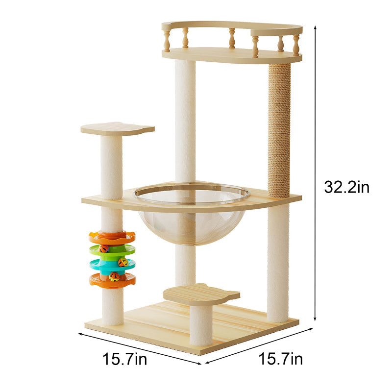 Dimension diagram of 32.2-inch tall wooden cat tree tower with interactive track toy, showing base size 15.7 by 15.7 inches and overall height 32.2 inches.