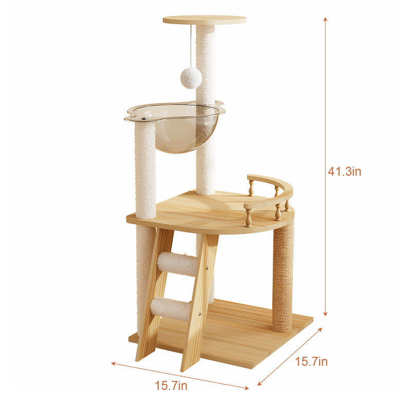 Dimension diagram of 41.3-inch tall wooden cat tree tower showing base size 15.7 by 15.7 inches and overall height 41.3 inches.