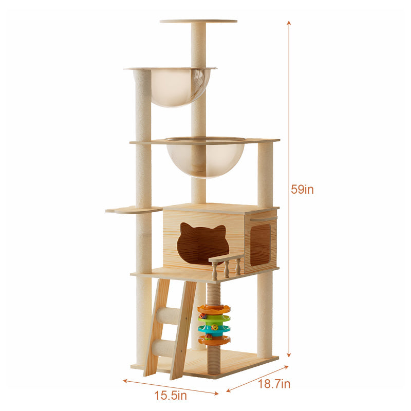 Dimension diagram of the modern wooden cat tree tower showing overall measurements: 59 inches high, 15.5 inches wide, and 18.7 inches deep on a white background