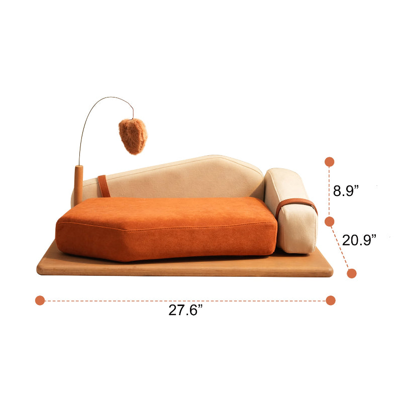 A dimension diagram of an orange cat sofa bed showing overall measurements of 27.6 inches long, 20.9 inches wide, and 8.9 inches high on a white background.