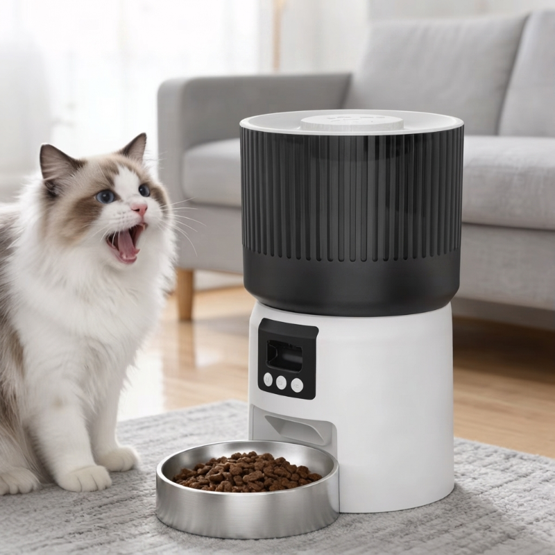 A ragdoll cat meowing next to Cuteden automatic cat feeder with stainless steel bowl in a living room
