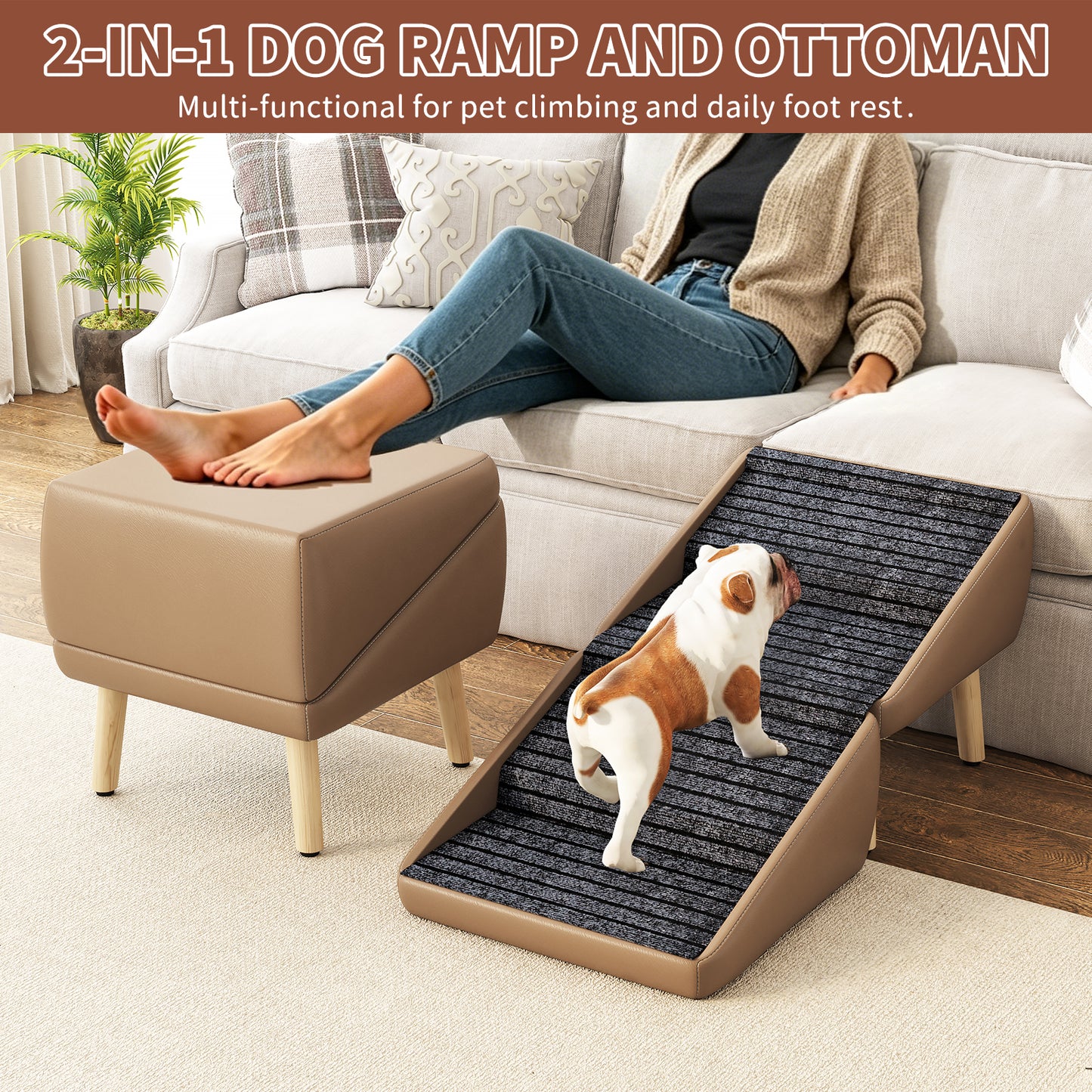 2-in-1 Foldable Pet Steps & Convertible Ottoman – Gradual Slope Wooden Dog Stairs for High Beds & Couches
