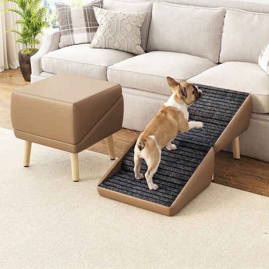 2-in-1 Foldable Pet Steps & Convertible Ottoman – Gradual Slope Wooden Dog Stairs for High Beds & Couches