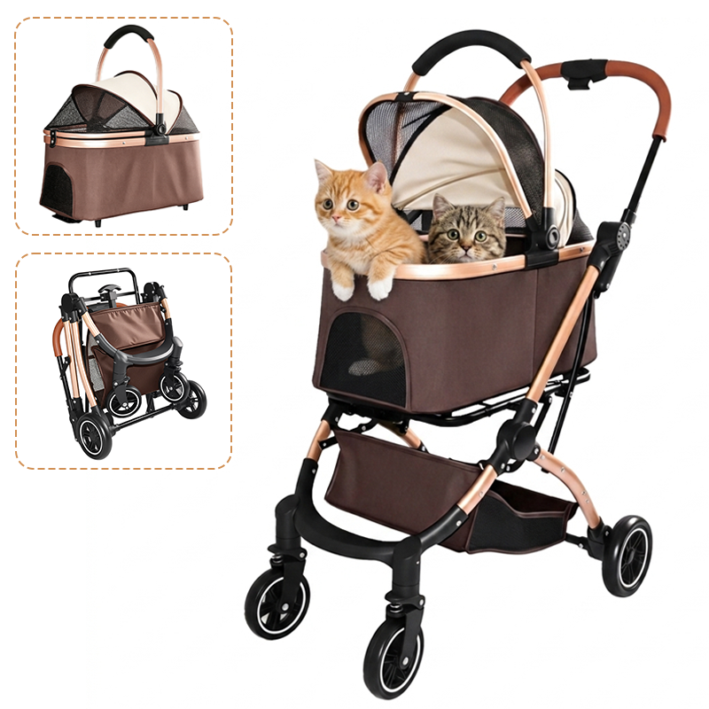 Brown and rose gold 2-in-1 detachable cat stroller with two kittens inside, featuring inset images of the portable carrier basket and folded frame.