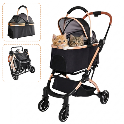 Black and rose gold 2-in-1 detachable cat stroller with two kittens inside, featuring inset images of the portable carrier basket and folded frame.