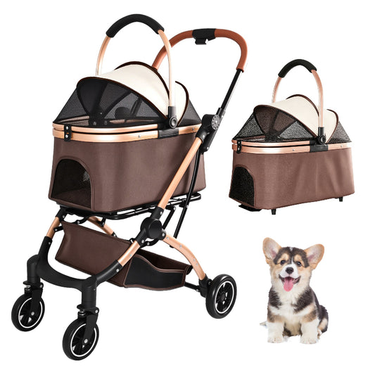 2-in-1 foldable khaki and gold pet stroller featuring a detachable carrier basket, sun canopy, and storage basket next to a cute puppy.