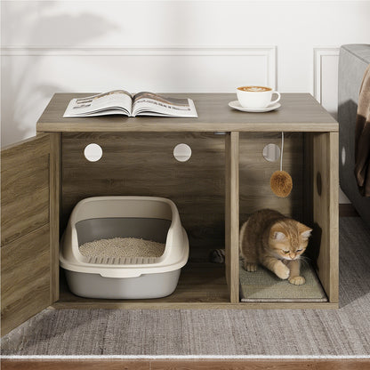 Wooden Cat Litter Box Enclosure Cabinet with Scratch Pad & Odor Control