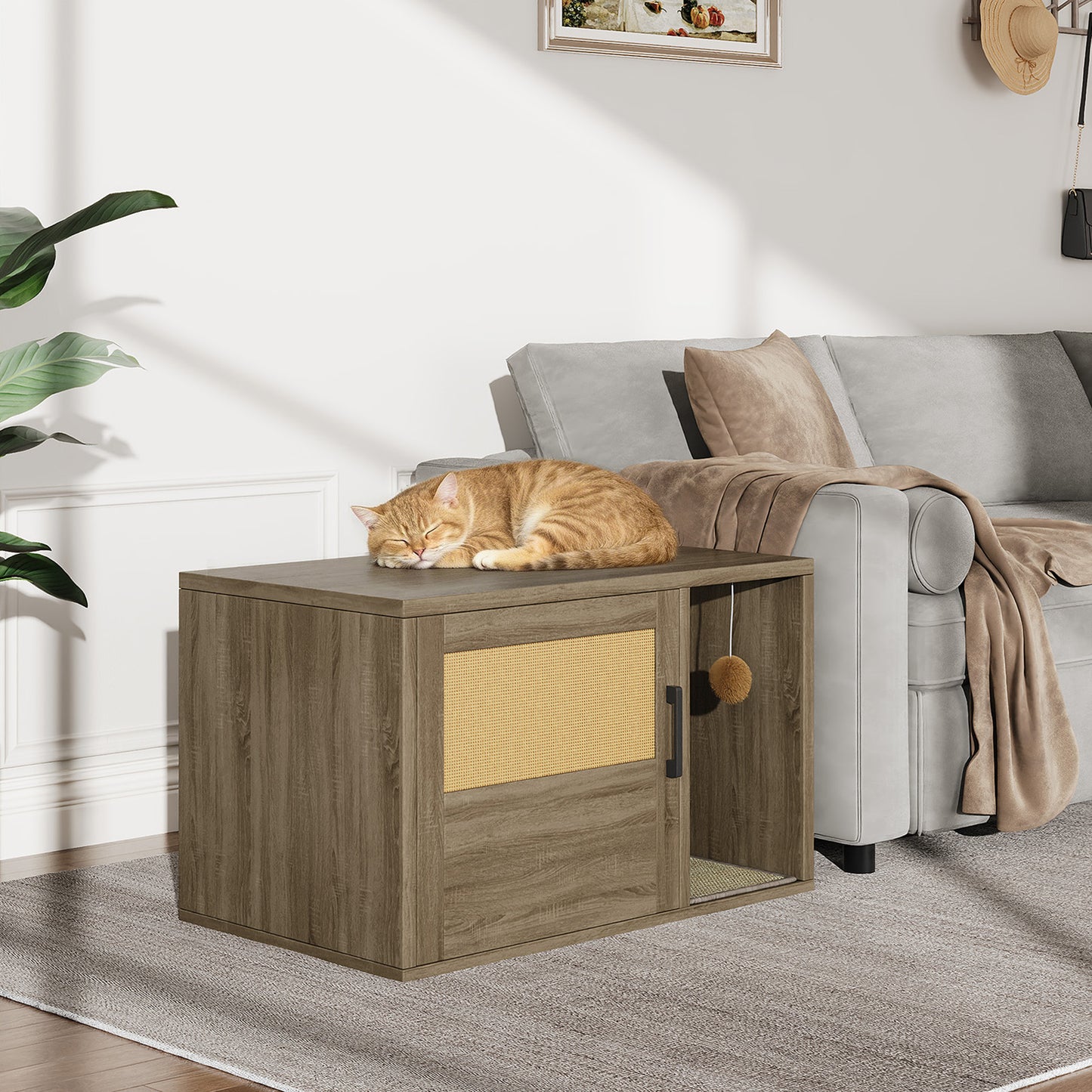 Cat Litter Box Enclosure Furniture Cabinet Odor Control with Scratching Pad Wooden Cat House Side End Table for Living Room Bedroom