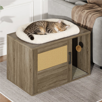 Wooden Cat Litter Box Enclosure Cabinet with Scratch Pad & Odor Control