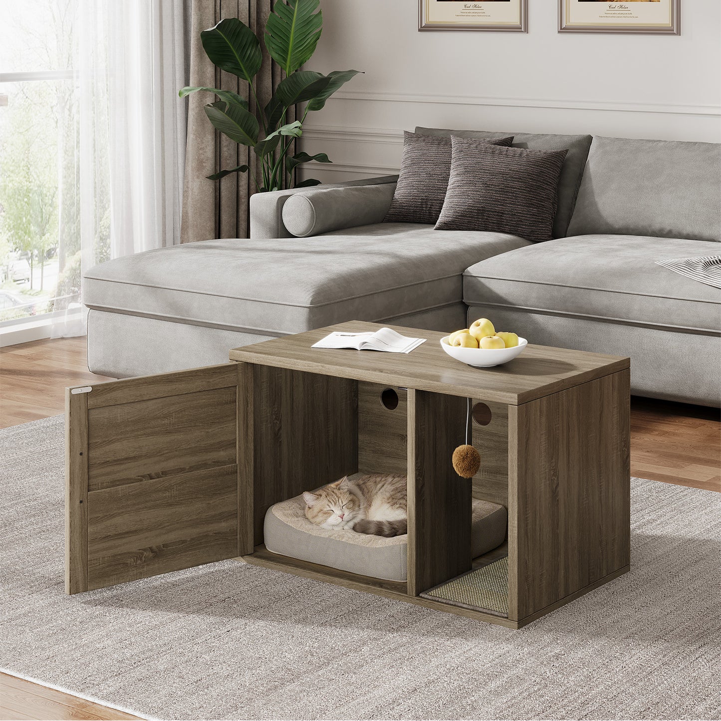 Cat Litter Box Enclosure Furniture Cabinet Odor Control with Scratching Pad Wooden Cat House Side End Table for Living Room Bedroom