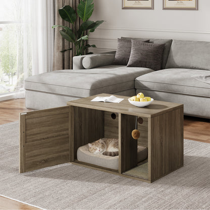 Wooden Cat Litter Box Enclosure Cabinet with Scratch Pad & Odor Control