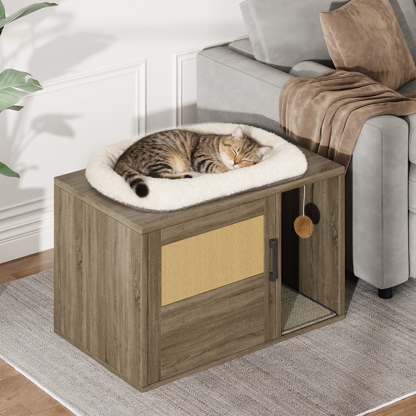Cat Litter Box Enclosure Furniture Cabinet Odor Control with Scratching Pad Wooden Cat House Side End Table for Living Room Bedroom