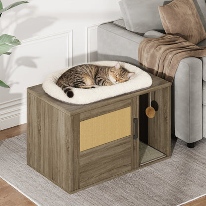 Wooden Cat Litter Box Enclosure Cabinet with Scratch Pad & Odor Control