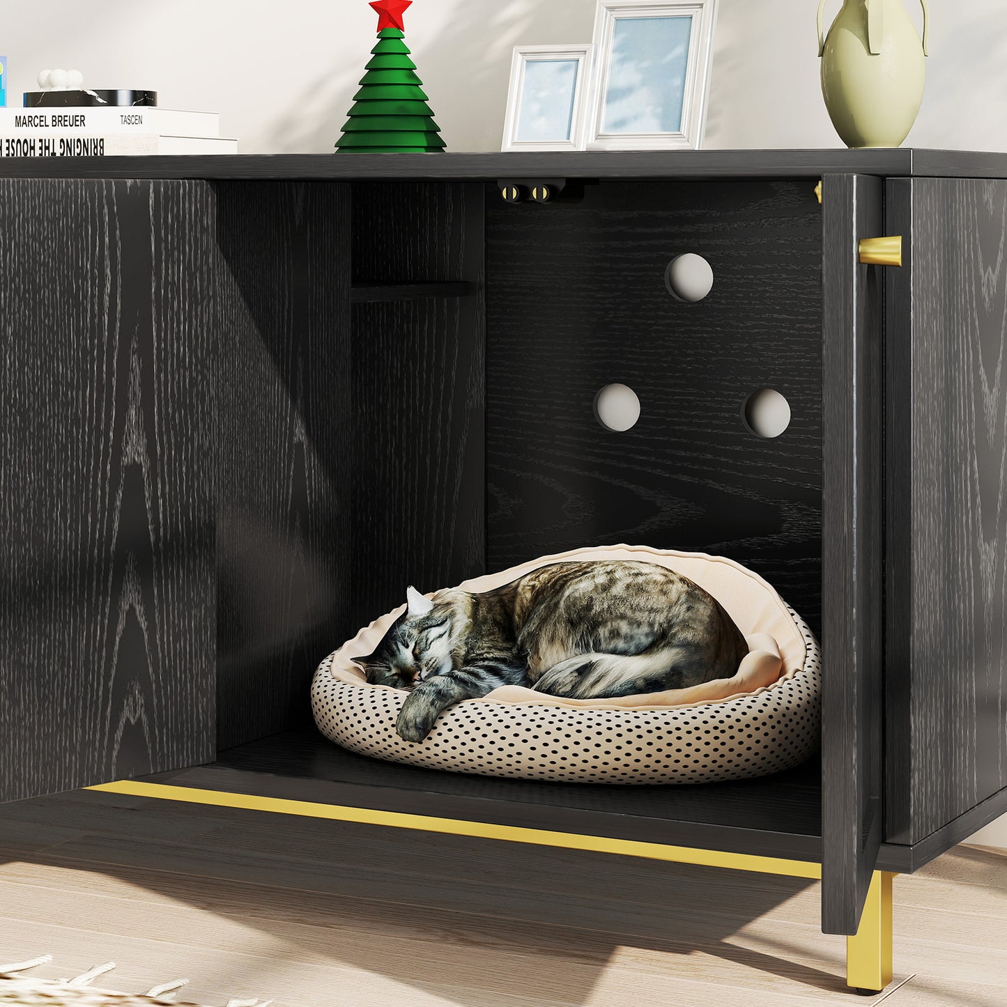 55 Inches Cat Litter Box Enclosure for 2 Cats, Hidden Litter Boxes Furniture with Cat Scratch Pad, Large Indoor Pet House with Double Room, Wooden TV Stand Side Table