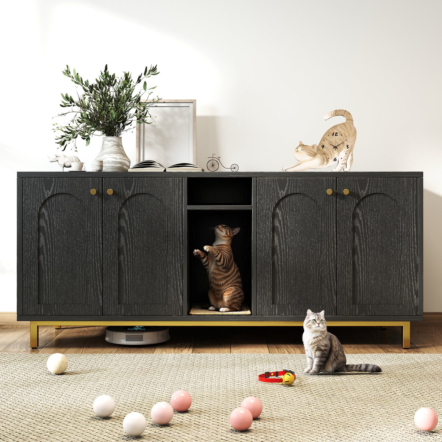 55 Inches Cat Litter Box Enclosure for 2 Cats, Hidden Litter Boxes Furniture with Cat Scratch Pad, Large Indoor Pet House with Double Room, Wooden TV Stand Side Table