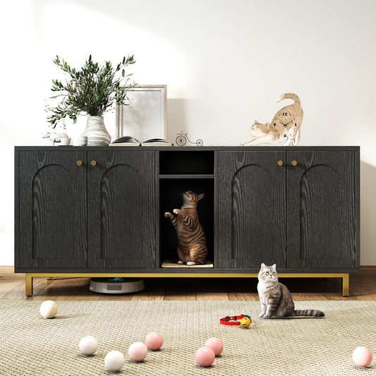 55 Inches Cat Litter Box Enclosure for 2 Cats, Hidden Litter Boxes Furniture with Cat Scratch Pad, Large Indoor Pet House with Double Room, Wooden TV Stand Side Table