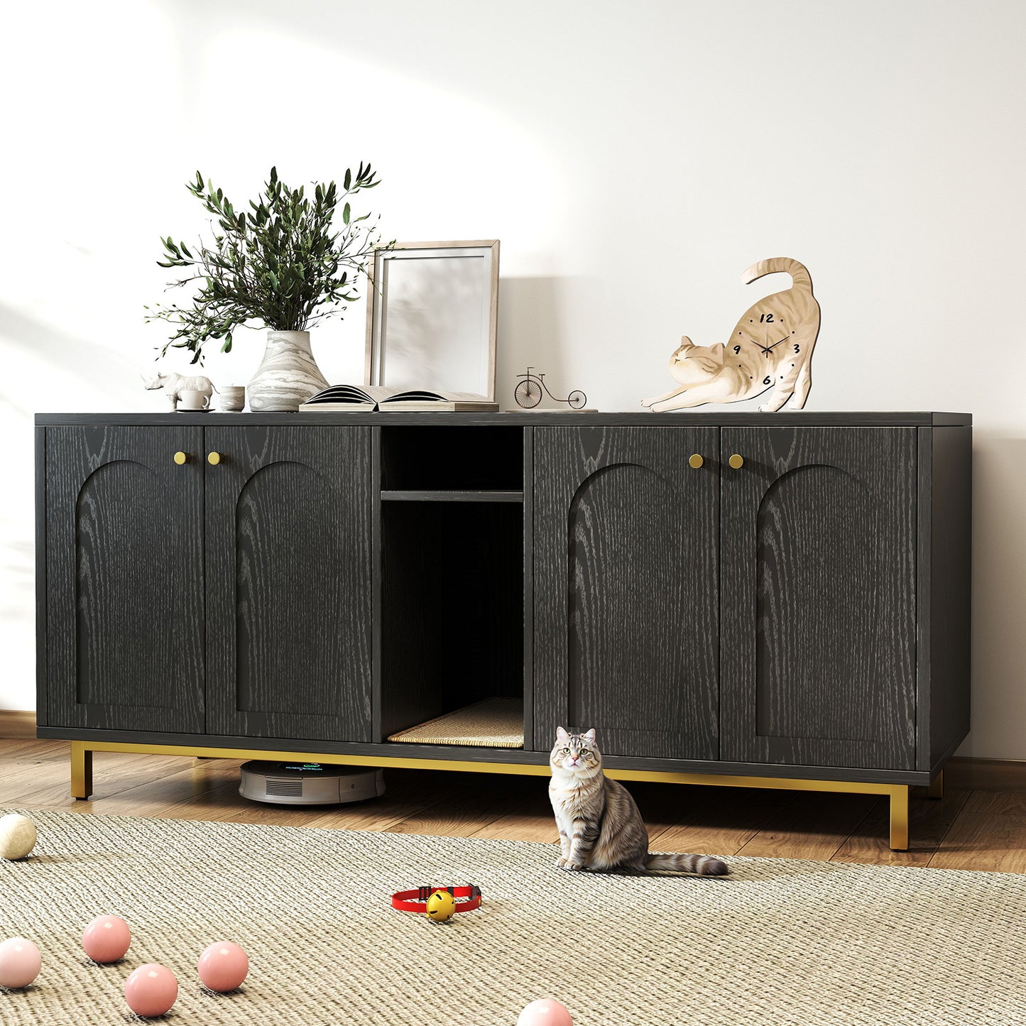 55 Inches Cat Litter Box Enclosure for 2 Cats, Hidden Litter Boxes Furniture with Cat Scratch Pad, Large Indoor Pet House with Double Room, Wooden TV Stand Side Table