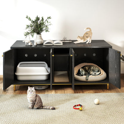 55" Cat Litter Box Enclosure Furniture for 2 Cats TV Stand with Scratch Pad House
