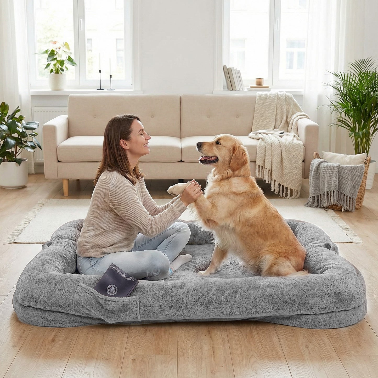 Human Dog Bed 71''x45''x12'' Size Fits Adult and Pet Washable Giant People DogBed Large Size Non Slip Bottom Comfortable Plush with Blanket and Pocket for Home