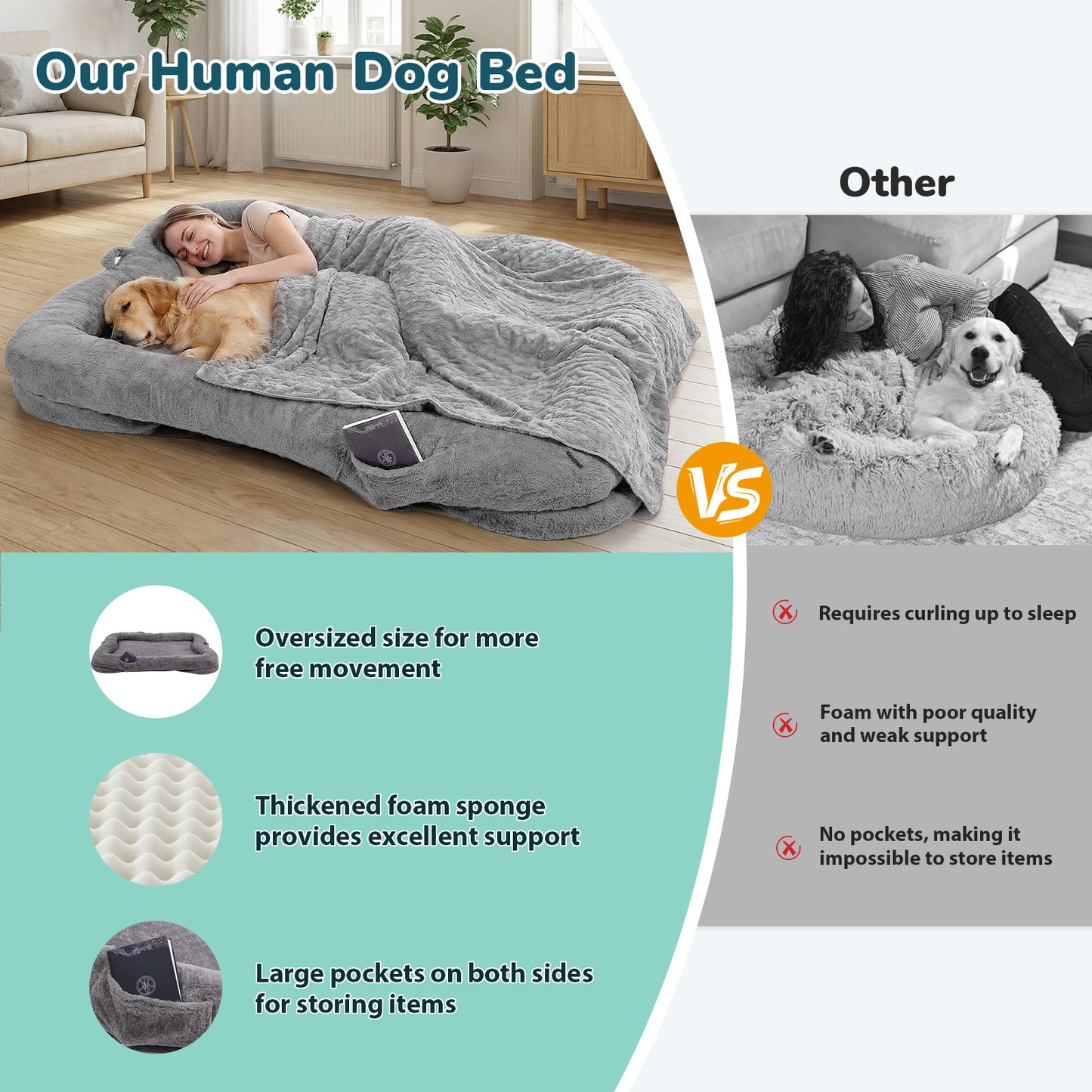 Human Dog Bed 71''x45''x12'' Size Fits Adult and Pet Washable Giant People DogBed Large Size Non Slip Bottom Comfortable Plush with Blanket and Pocket for Home