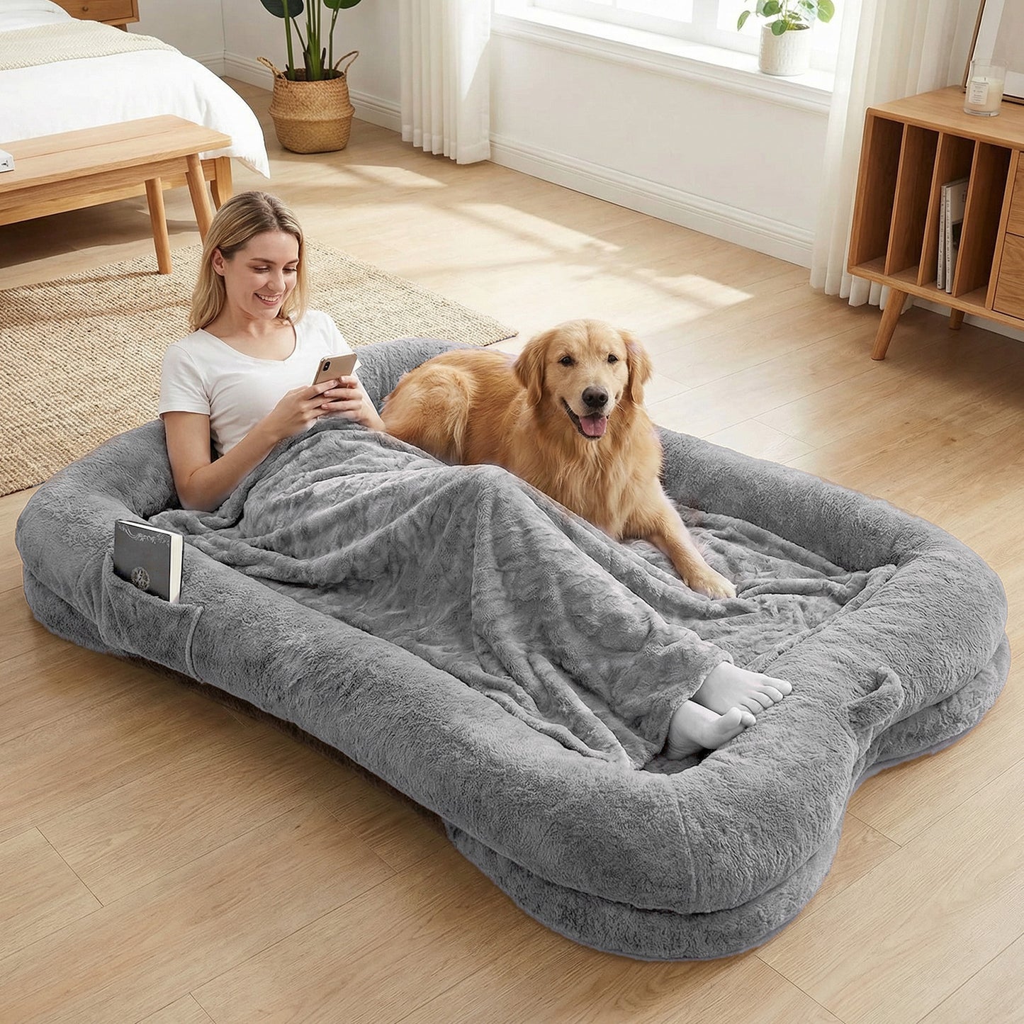 Human Dog Bed 71''x45''x12'' Size Fits Adult and Pet Washable Giant People DogBed Large Size Non Slip Bottom Comfortable Plush with Blanket and Pocket for Home