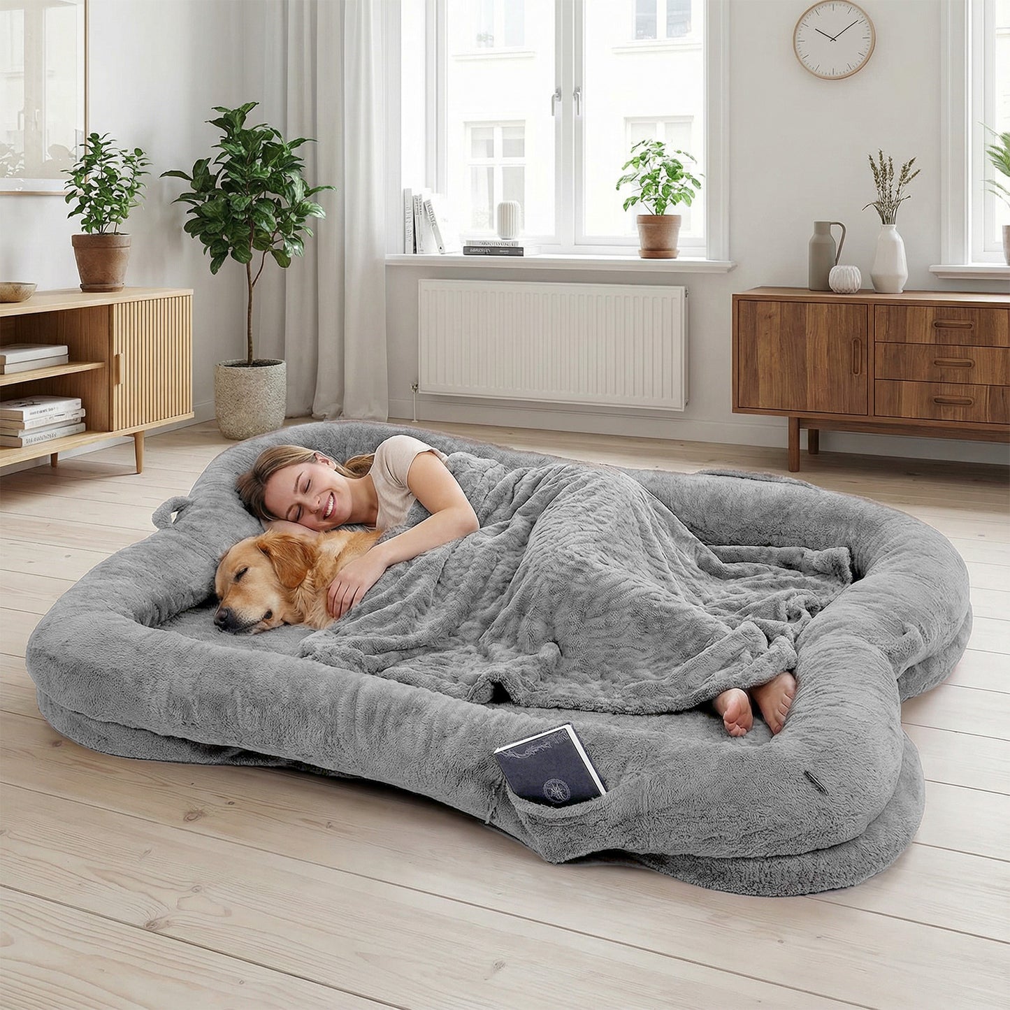 Human Dog Bed 71''x45''x12'' Size Fits Adult and Pet Washable Giant People DogBed Large Size Non Slip Bottom Comfortable Plush with Blanket and Pocket for Home