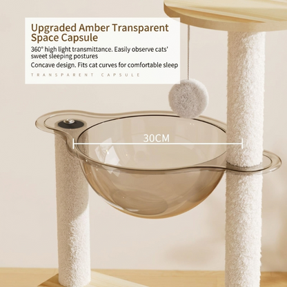 Close-up of 30cm upgraded amber transparent acrylic space capsule cat hammock with dangling plush toy ball.