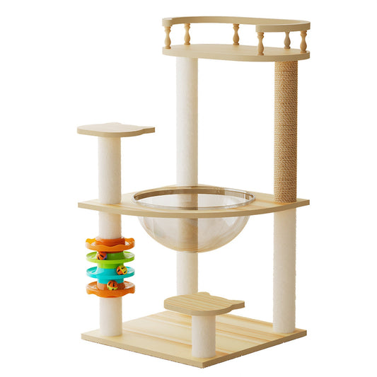 32.2-inch modern wooden cat tree tower featuring colorful interactive track ball toy, clear acrylic hammock, guardrail top perch, and cat-shaped stepping platforms.