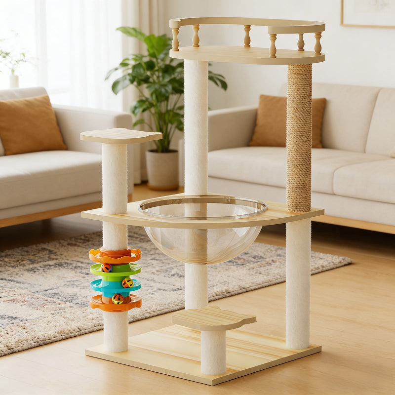 32.2-inch modern wooden cat tree tower with colorful track toy and acrylic hammock set in a cozy living room.