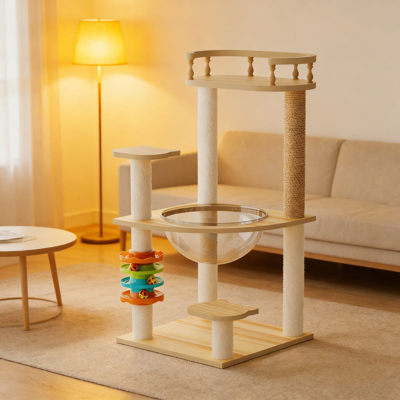 32.2-inch modern wooden cat tree tower with acrylic hammock and colorful track toy in a cozy living room with a warm floor lamp.