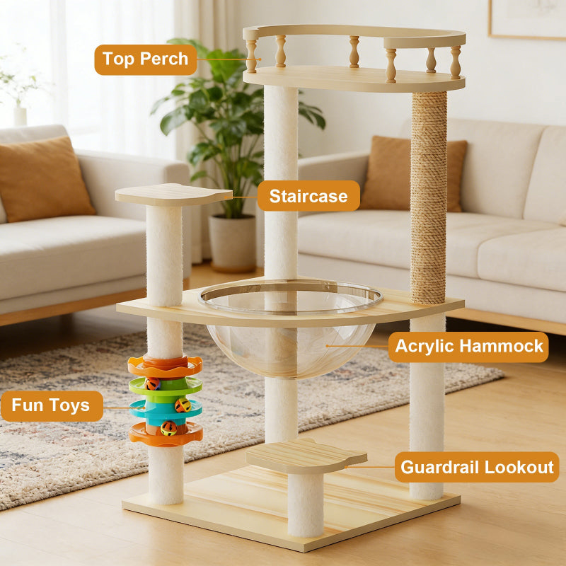 Labeled feature diagram of 32.2-inch wooden cat tree in a living room, highlighting the top perch with guardrail, staircase platforms, acrylic hammock, fun track toys, and lookout balcony.