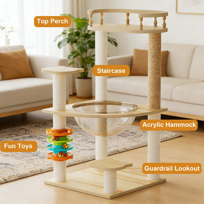Labeled feature diagram of 32.2-inch wooden cat tree in a living room, highlighting the top perch with guardrail, staircase platforms, acrylic hammock, fun track toys, and lookout balcony.