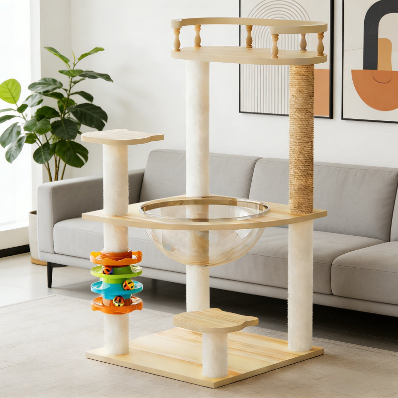 32.2-inch modern wooden cat tree tower with interactive track ball toy and acrylic hammock in a bright living room next to a gray sofa.