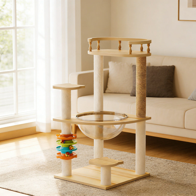 32.2-inch wooden cat tree tower with colorful track toy and acrylic hammock in a bright, sunlit room by a window.