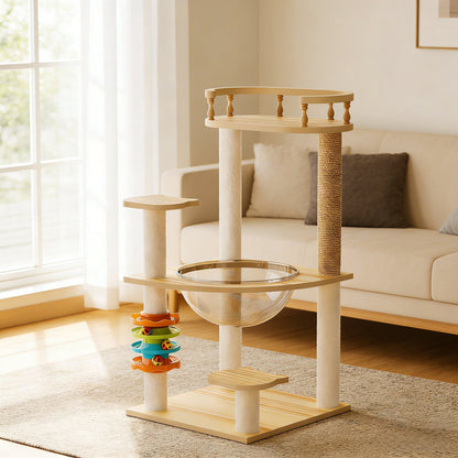 32.2-inch wooden cat tree tower with colorful track toy and acrylic hammock in a bright, sunlit room by a window.
