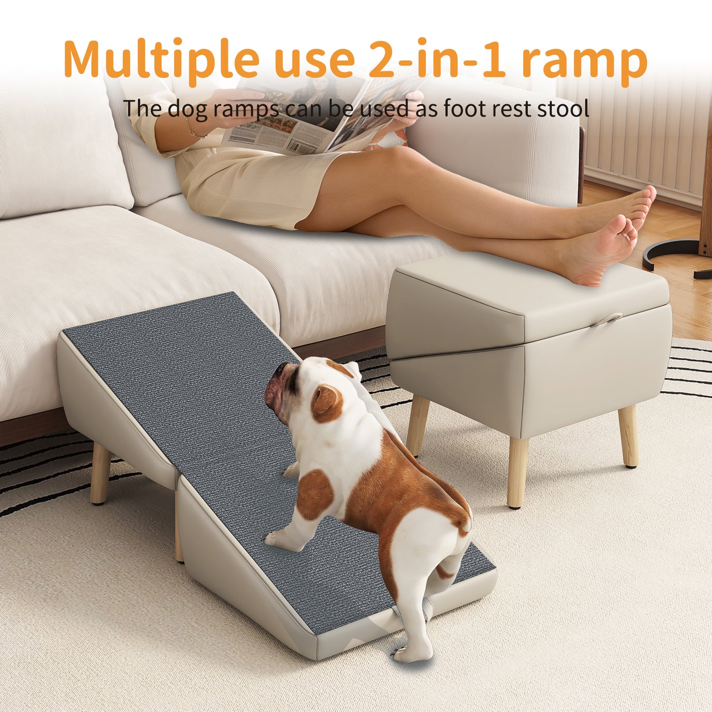 2-in-1 Foldable Wooden Pet Stairs – Multi-Functional Convertible Split Ottoman Dog Ramp for Bed & Couch