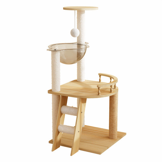 Full view of 41.3-inch modern wooden cat tree tower with transparent acrylic capsule hammock, climbing ladder, and top perch.