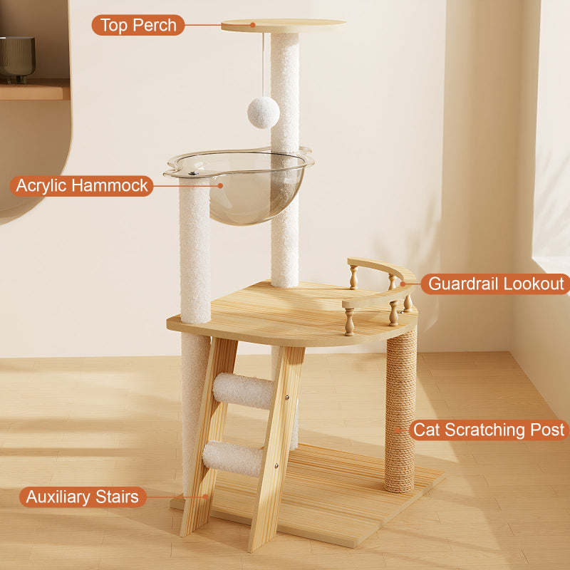 Labeled feature diagram of 41.3-inch wooden cat tree showing top perch with dangling ball, clear acrylic hammock, guardrail lookout platform, auxiliary stairs, and sisal scratching post.