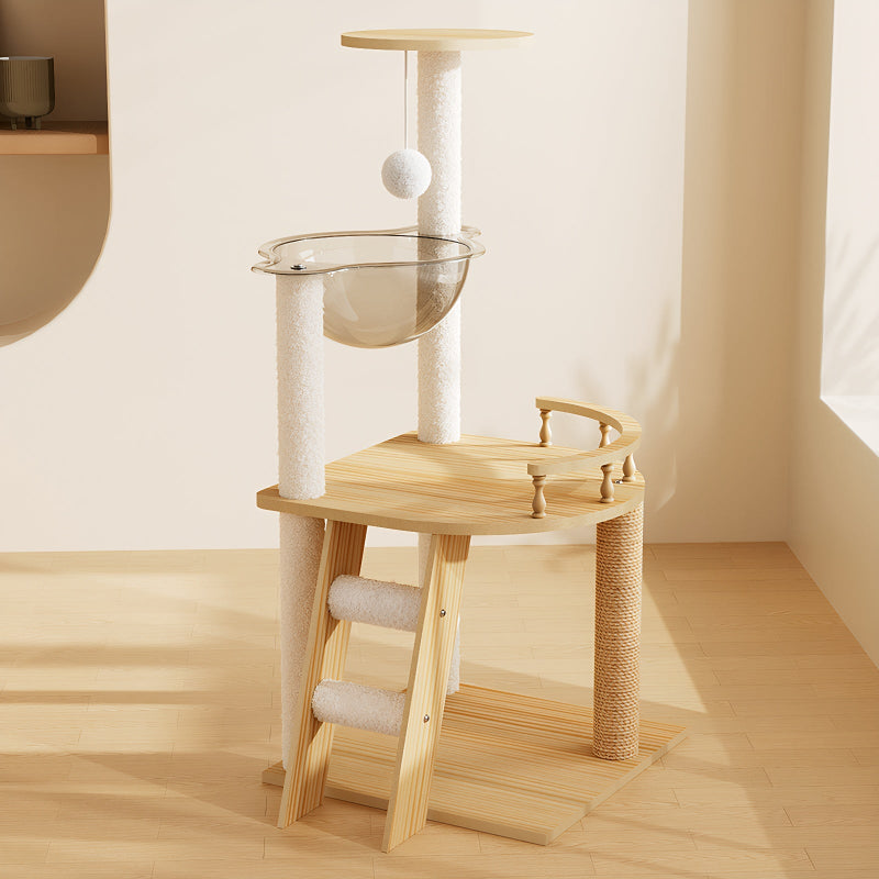 Modern wooden cat tree tower with transparent acrylic capsule hammock placed in a minimalist, sunlit living room.