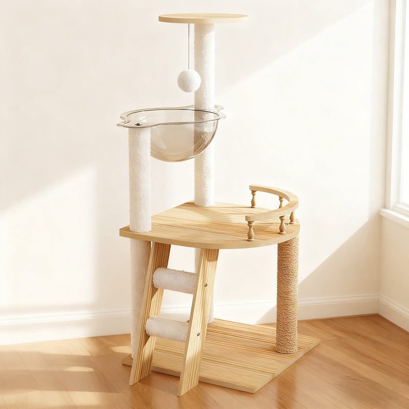 41.3-inch wooden cat tree tower with acrylic capsule hammock set on wooden floor in a bright, sunlit room corner.
