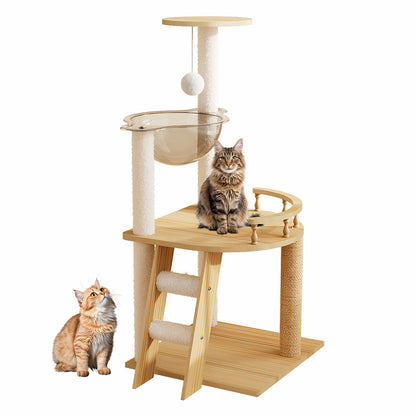 41.3-inch wooden cat tree tower with two cats sitting on platform and looking up, featuring clear acrylic hammock and sisal posts.