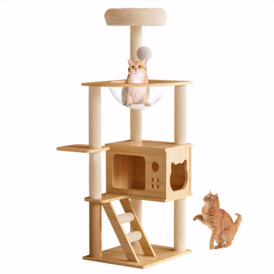 48.8 inch modern wood cat tree tower featuring sisal scratching posts, clear acrylic hammock, and top perch for indoor cats