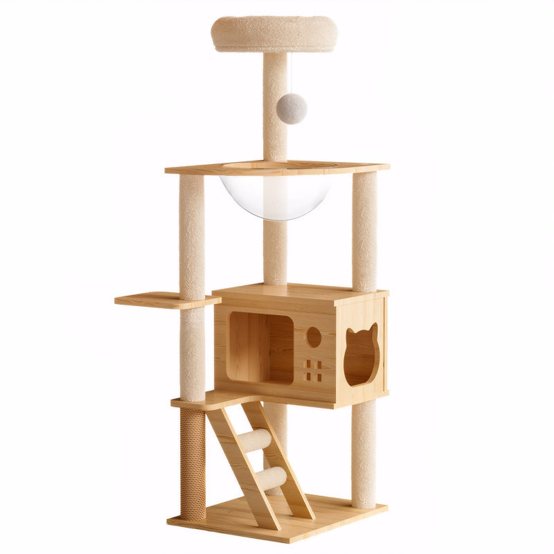 48.8 inch modern wooden cat tree tower with acrylic capsule hammock, wooden cat condo, top perch, and sisal scratching posts isolated on white background