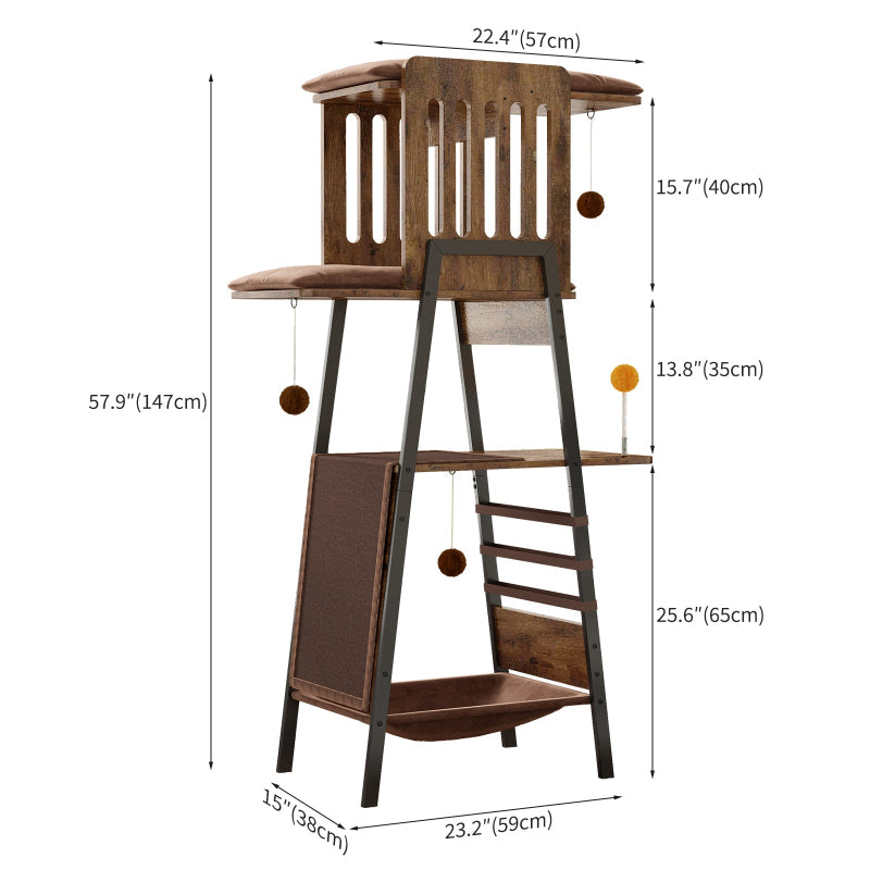 Dimension diagram of the rustic brown cat tree tower showing overall height of 57.9 inches (147cm), width of 23.2 inches (59cm), depth of 15 inches (38cm), and individual platform spacing specifications