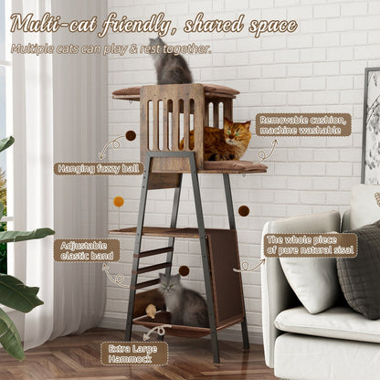 Feature diagram of the 58-inch rustic brown cat tree tower highlighting the removable machine washable cushion, pure natural sisal scratching mat, extra large hammock, hanging fuzzy balls, and adjustable elastic bands with multiple cats resting in a living room