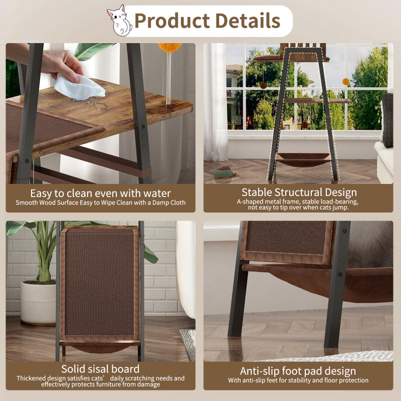 A 4-panel product detail diagram showing the smooth waterproof wooden surface being wiped with a cloth, stable A-shaped metal frame, solid sisal scratching board, and anti-slip foot pads of the rustic brown cat tree tower