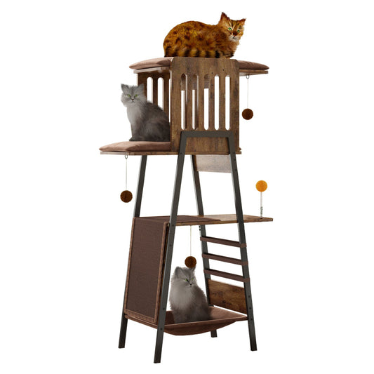 58-inch modern rustic brown cat tree tower with metal frame featuring multiple cats relaxing on plush cushioned perches, bottom hammock, large scratching board, and dangling pom-pom toys