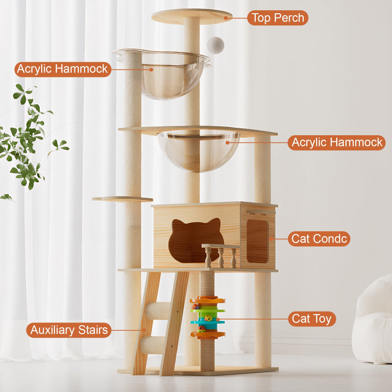Feature diagram of the 59-inch modern wooden cat tree tower labeling the top perch, dual acrylic hammocks, cat condo, auxiliary stairs, and interactive cat toy